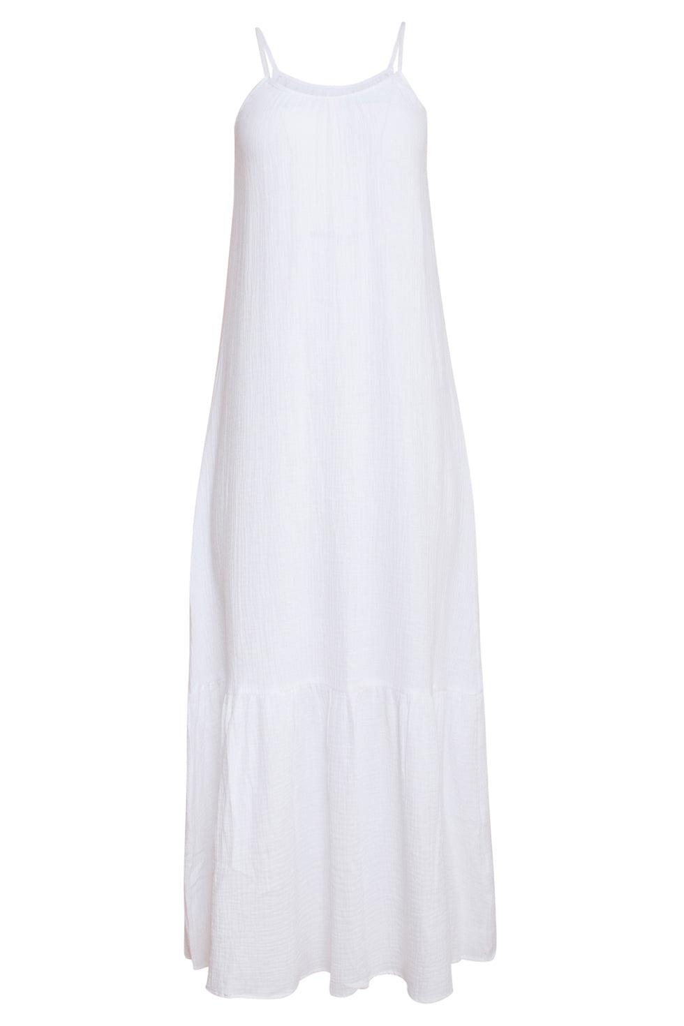 23354-000 Lange Zomer Jurk - Mouwloos, Open Rug, 100% Katoen | White