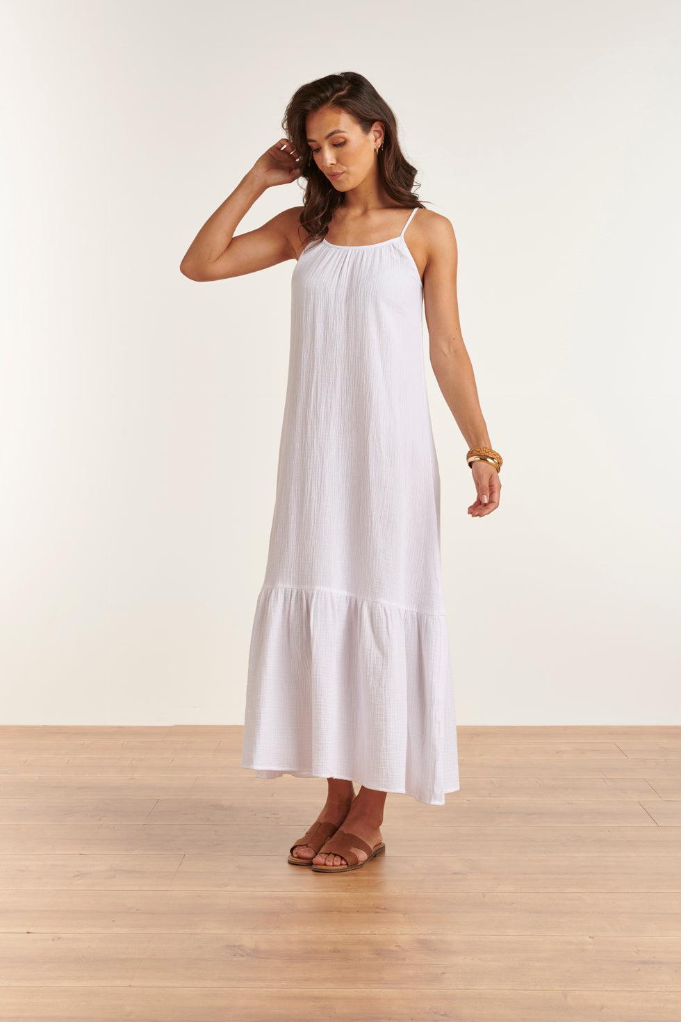 23354-000 Lange Zomer Jurk - Mouwloos, Open Rug, 100% Katoen | White
