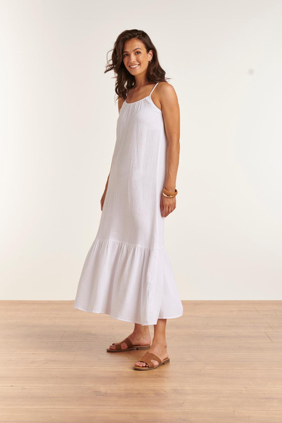 23354-000 Lange Zomer Jurk - Mouwloos, Open Rug, 100% Katoen | White