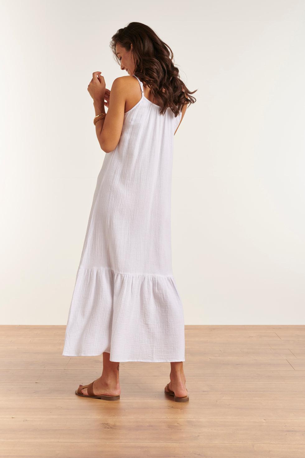 23354-000 Lange Zomer Jurk - Mouwloos, Open Rug, 100% Katoen | White
