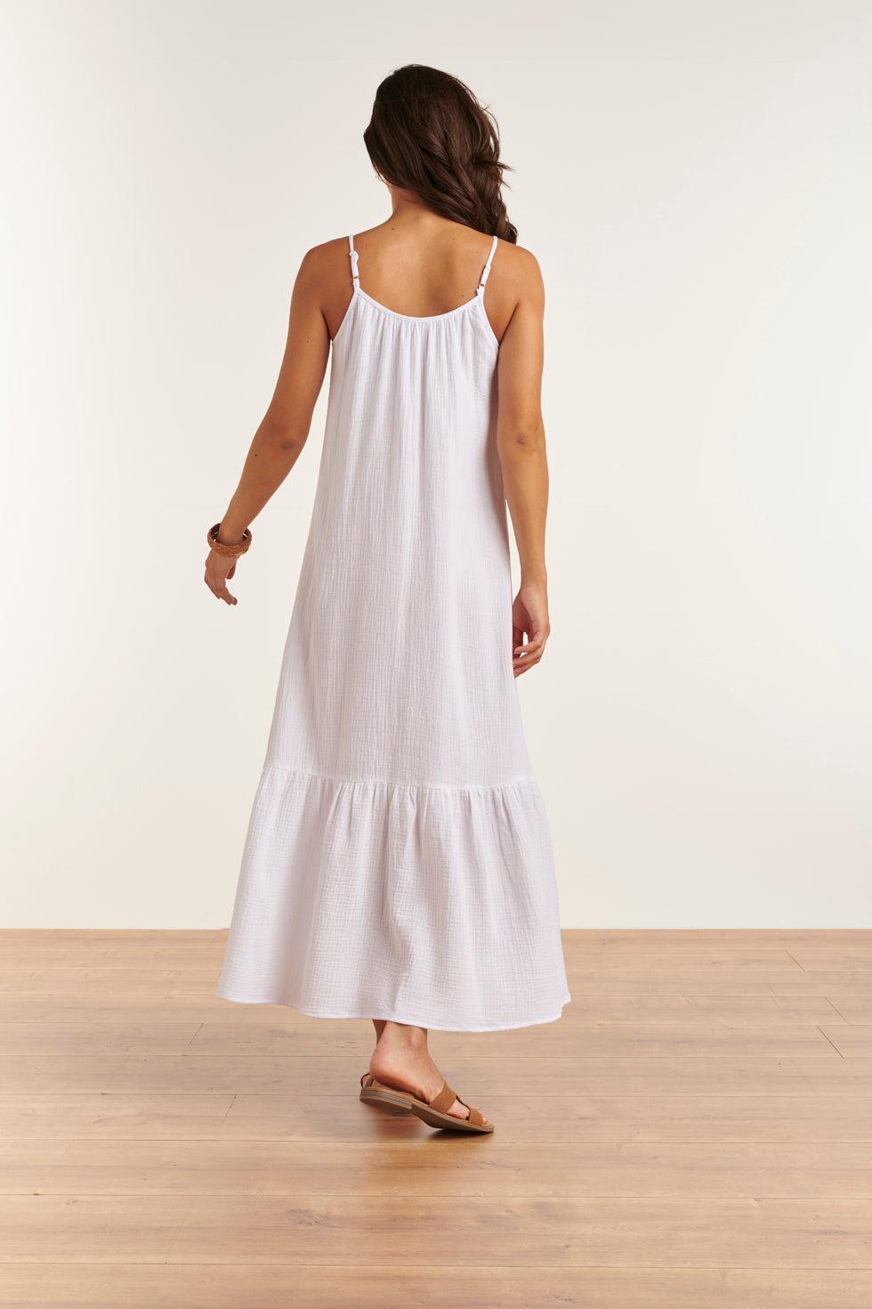 23354-000 Lange Zomer Jurk - Mouwloos, Open Rug, 100% Katoen | White