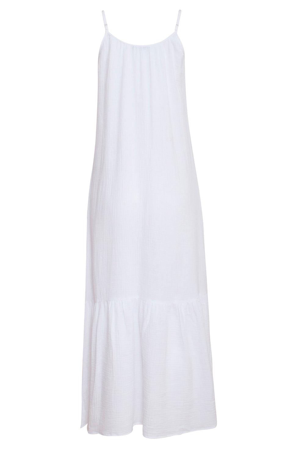 23354-000 Lange Zomer Jurk - Mouwloos, Open Rug, 100% Katoen | White