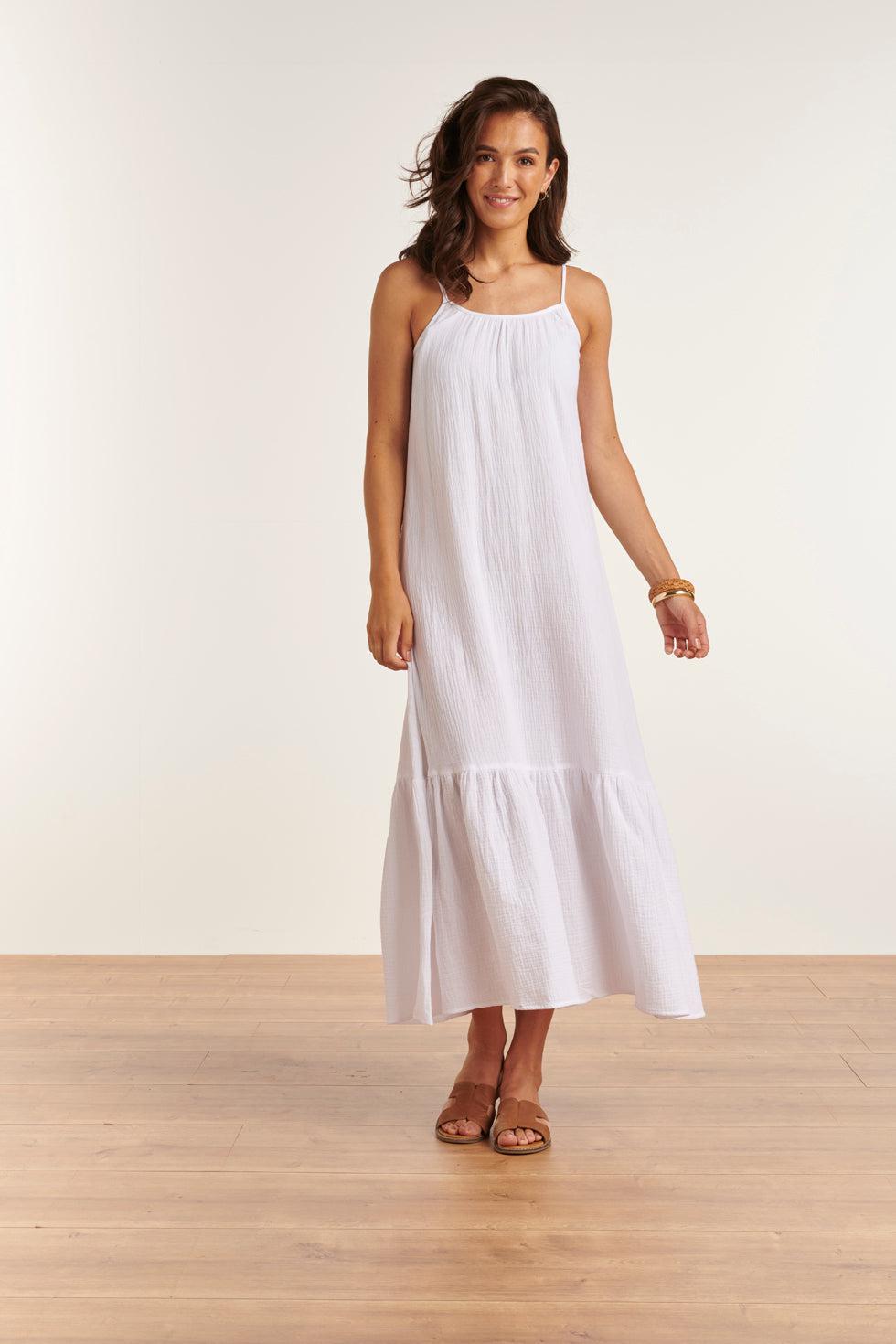 23354-000 Lange Zomer Jurk - Mouwloos, Open Rug, 100% Katoen | White