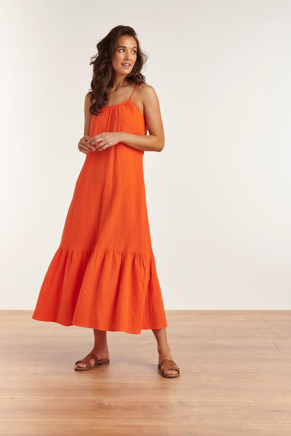 23354-250 Lange Zomer Jurk - Mouwloos, Open Rug, 100% Katoen | Orange