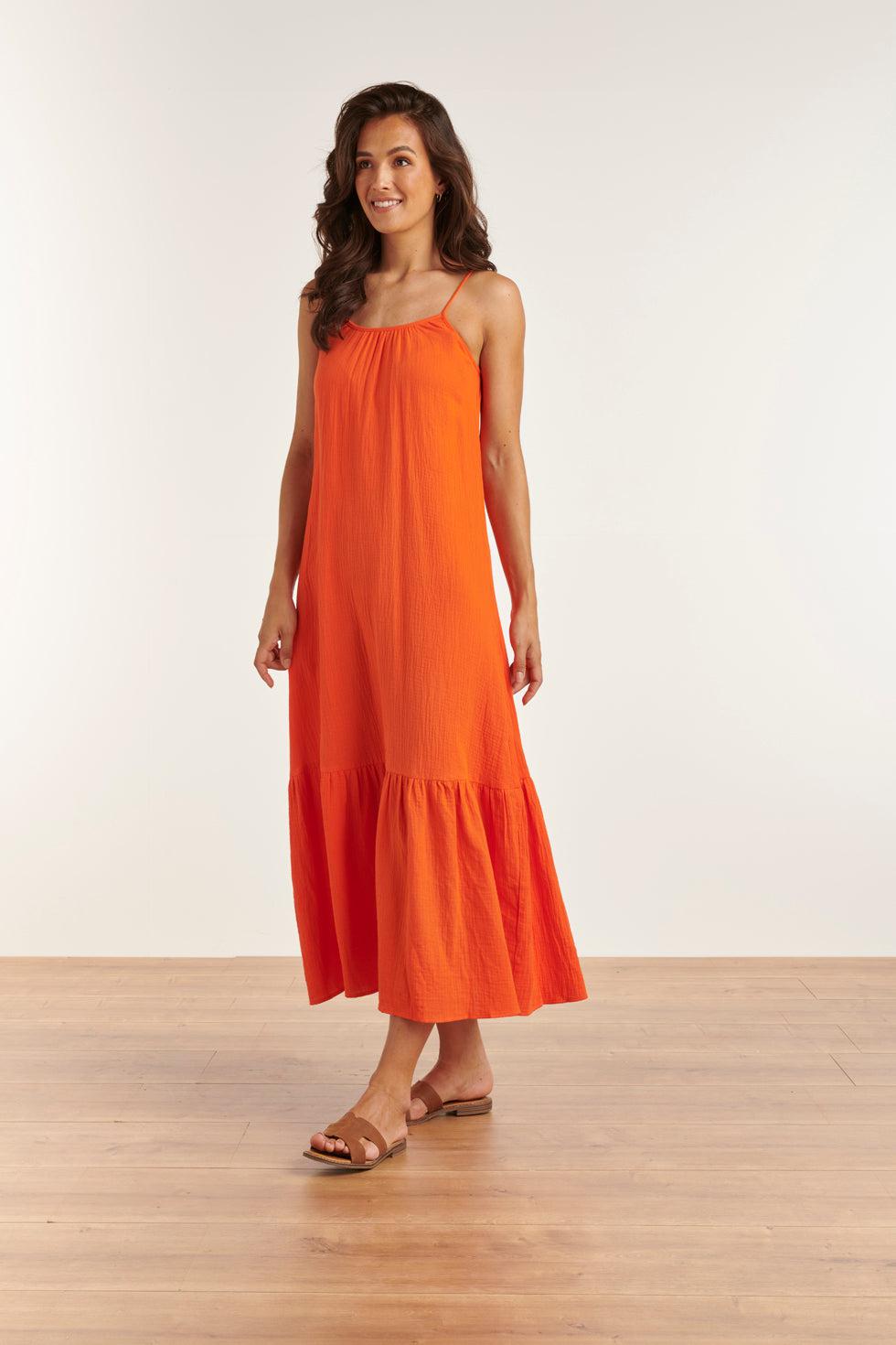 23354-250 Lange Zomer Jurk - Mouwloos, Open Rug, 100% Katoen | Orange