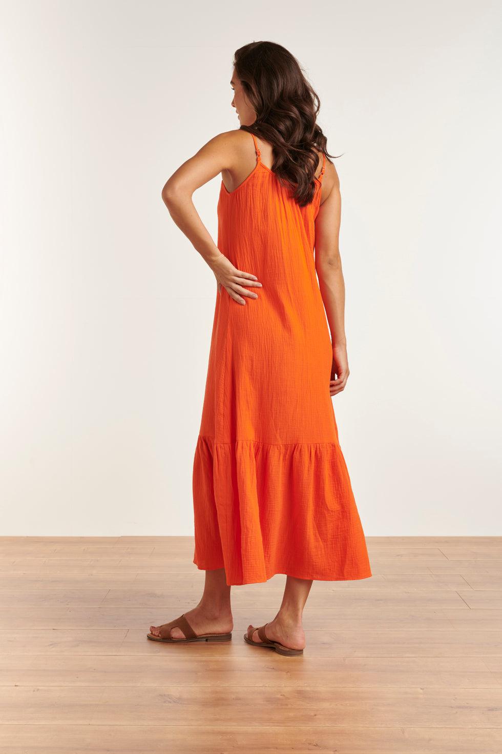 23354-250 Lange Zomer Jurk - Mouwloos, Open Rug, 100% Katoen | Orange