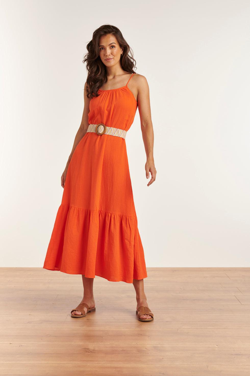 23354-250 Lange Zomer Jurk - Mouwloos, Open Rug, 100% Katoen | Orange