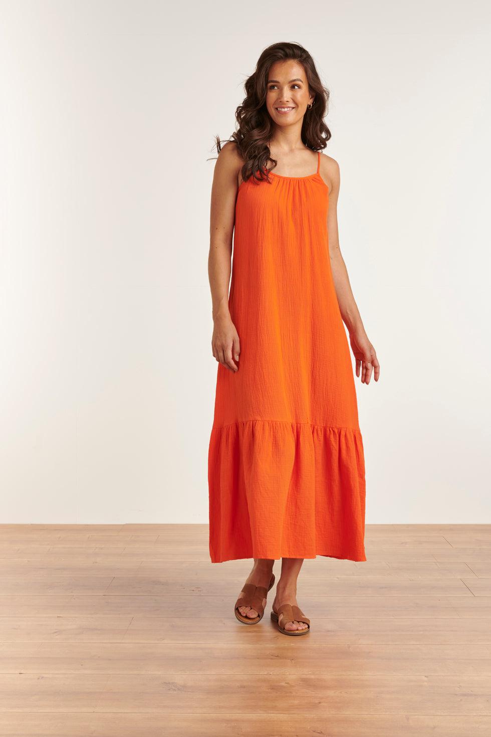 23354-250 Lange Zomer Jurk - Mouwloos, Open Rug, 100% Katoen | Orange