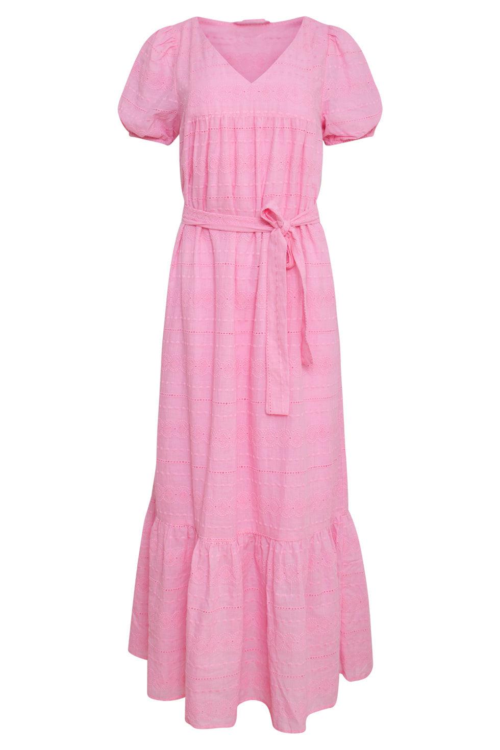 23357-420 Zomerjurk Met V-Halskorte Pof Mouwen Van 100% Katoen | Pink