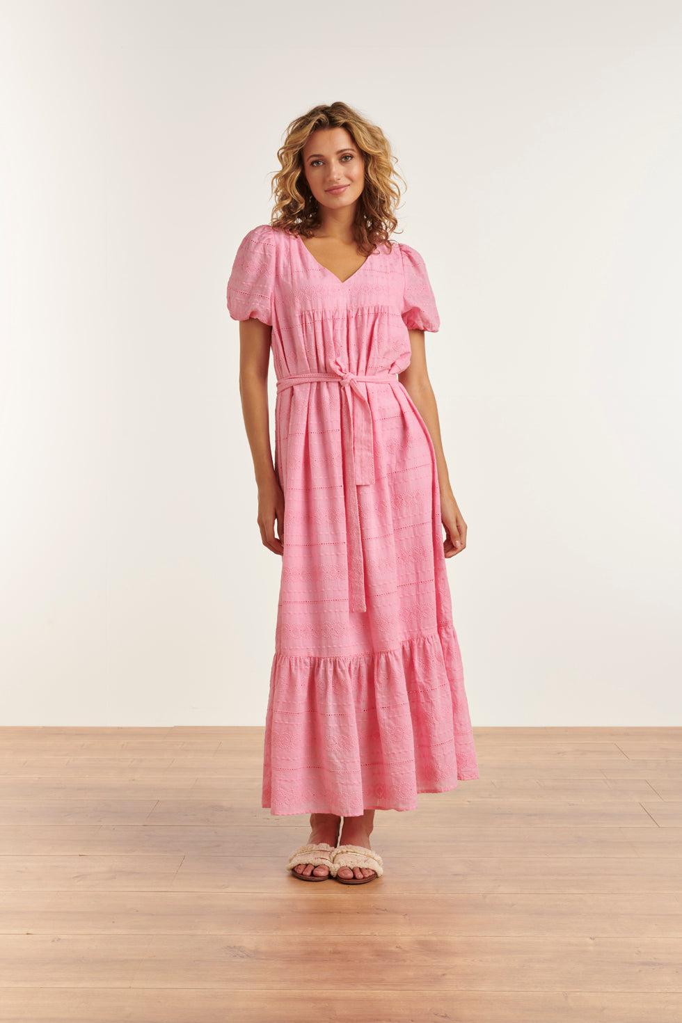 23357-420 Zomerjurk Met V-Halskorte Pof Mouwen Van 100% Katoen | Pink