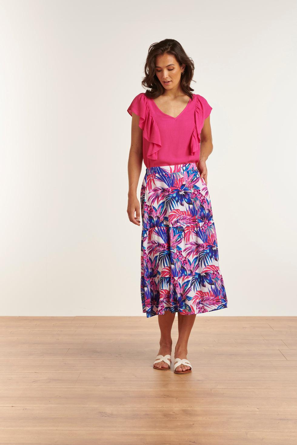 23362 Lange Zomer Rok Met Jungle Printpaars | White-Multicolour
