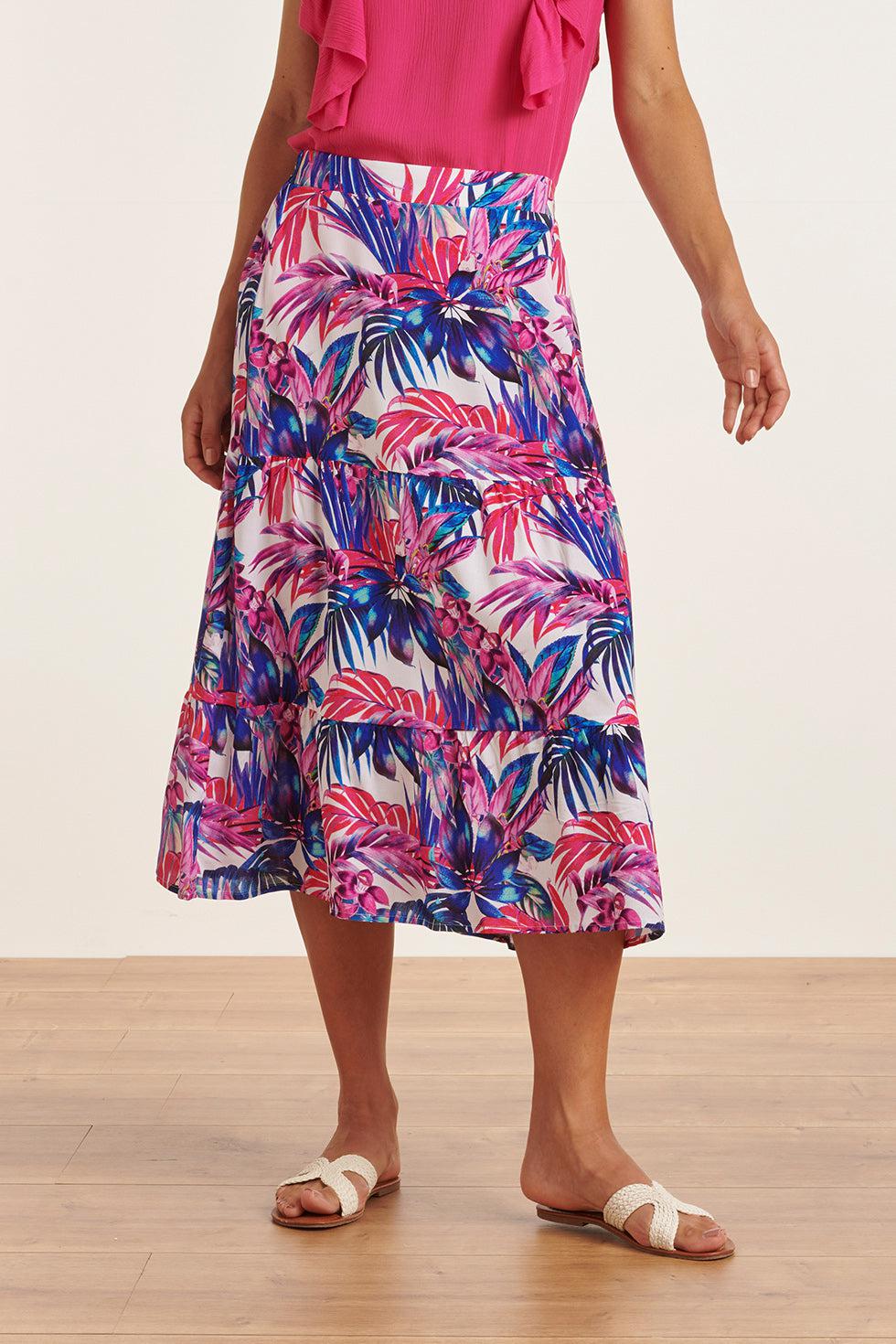 23362 Lange Zomer Rok Met Jungle Printpaars | White - Muticolour