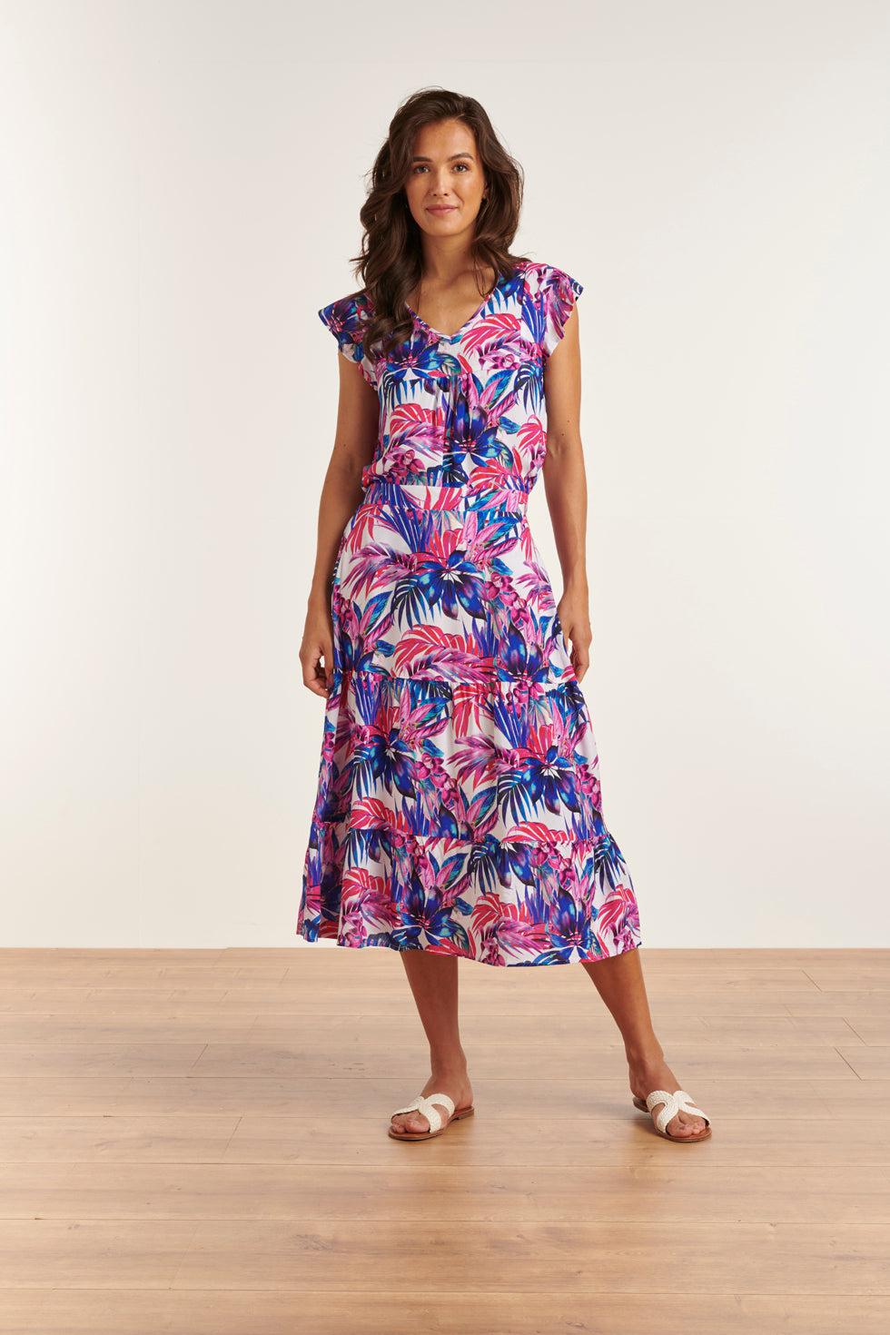 23362 Lange Zomer Rok Met Jungle Printpaars | White - Muticolour