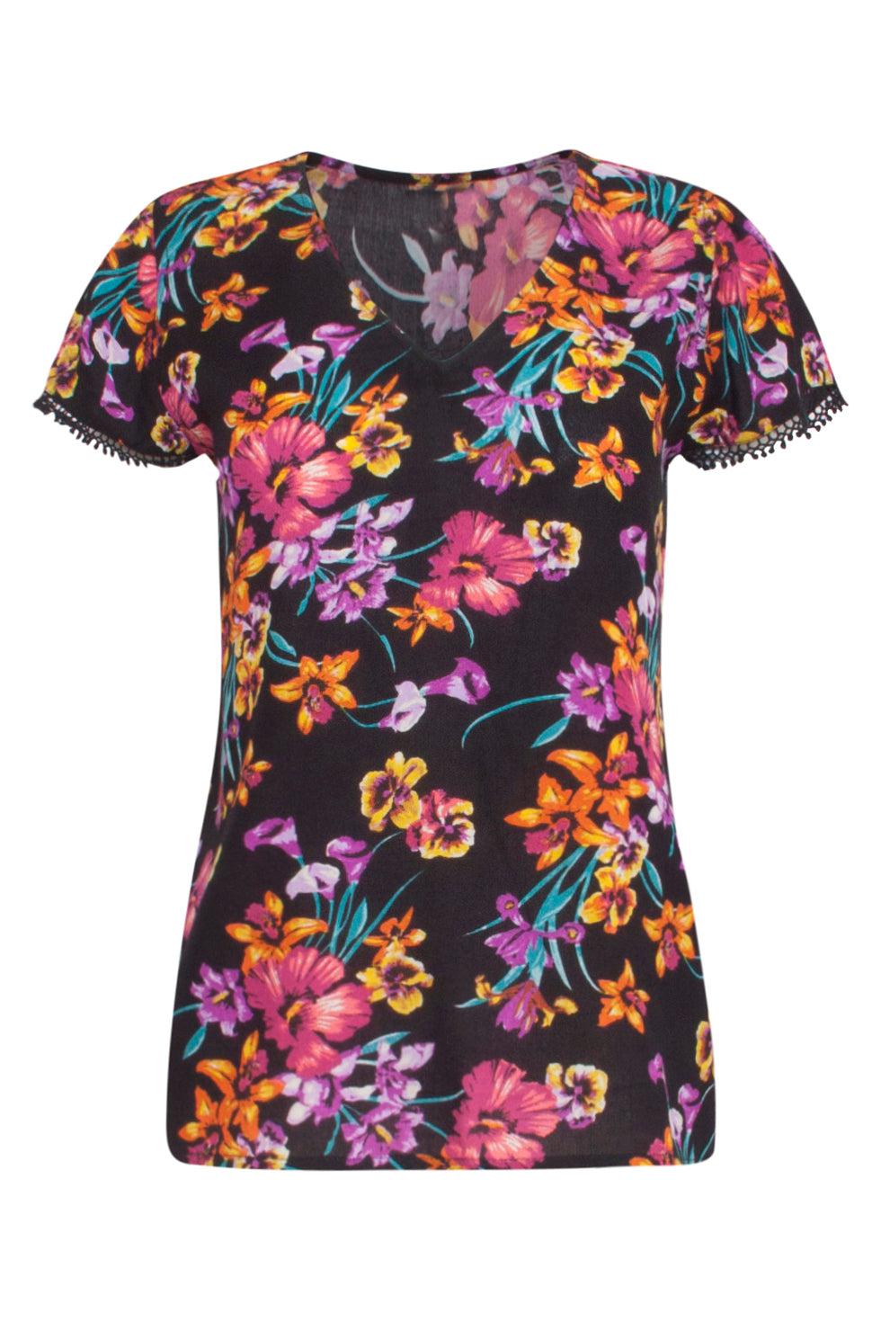 23371 Zomer Top Met Bloemenprint-Paars | Black - Muticolour