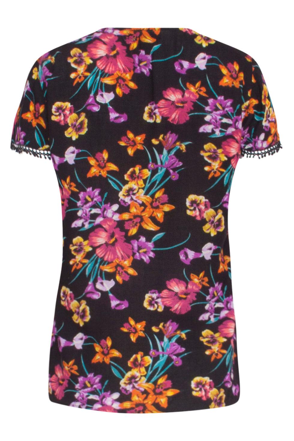 23371 Zomer Top Met Bloemenprint-Paars | Black - Muticolour