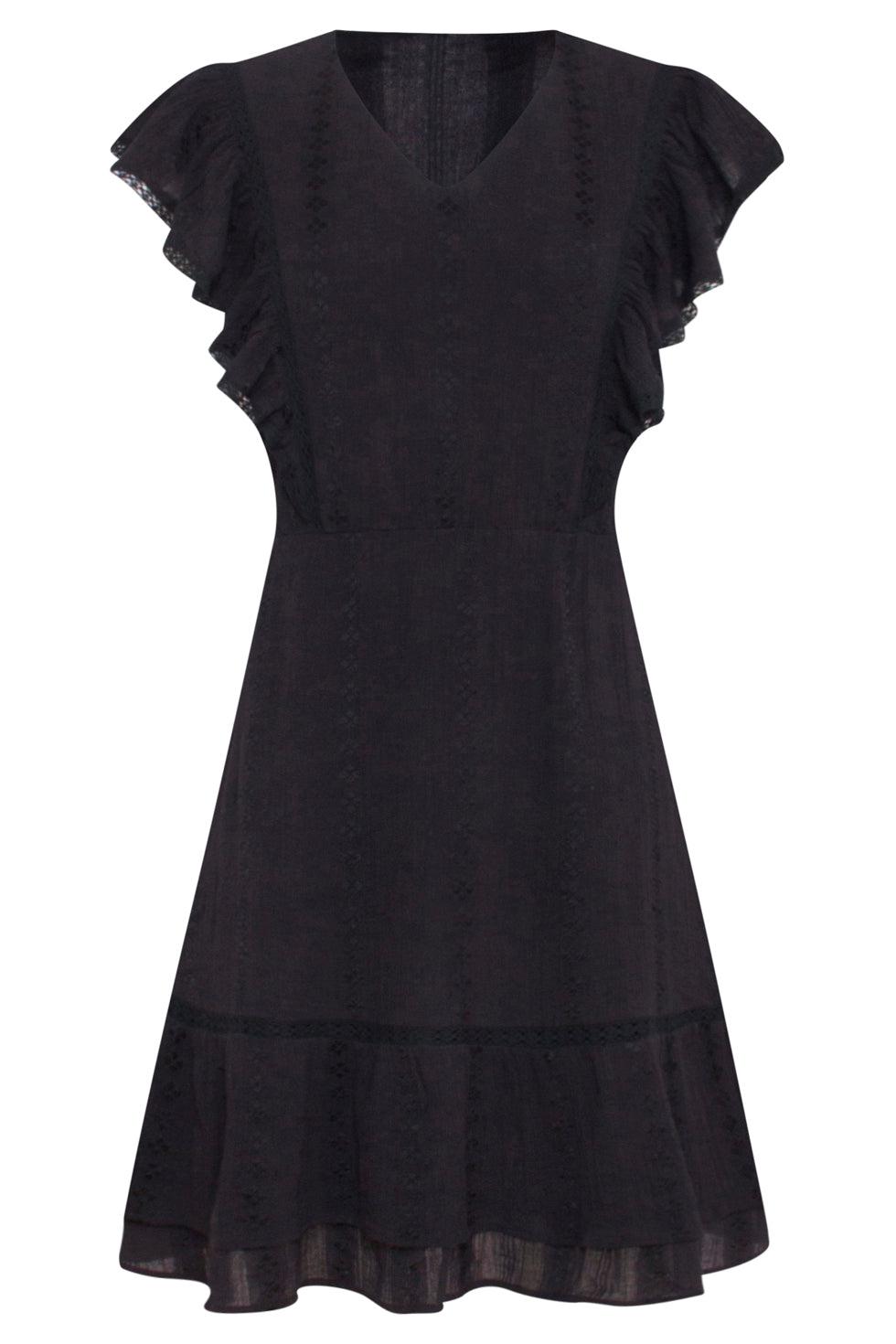 23372-999 E Zomerjurk Met V-Halsruffle Mouwen | Black