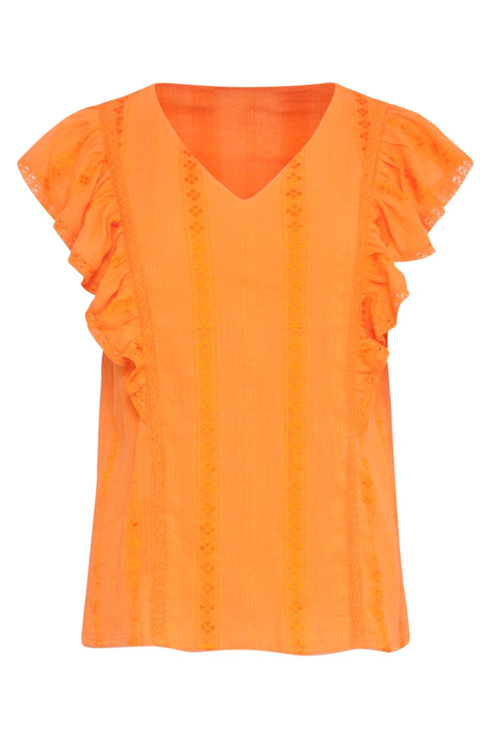 23373-250 Zomer Top Met Korte Ruffle Mouwenv-Hals Lijn | Orange