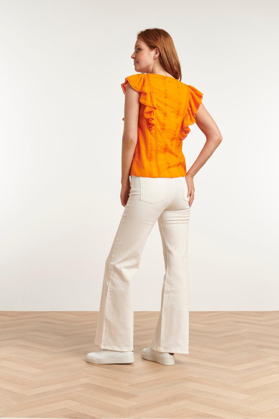 23373-250 Zomer Top Met Korte Ruffle Mouwenv-Hals Lijn | Orange