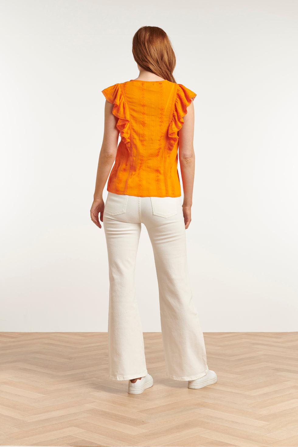 23373-250 Zomer Top Met Korte Ruffle Mouwenv-Hals Lijn | Orange