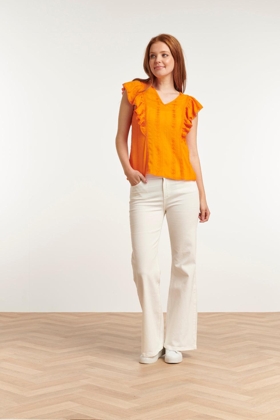 23373-250 Zomer Top Met Korte Ruffle Mouwenv-Hals Lijn | Orange