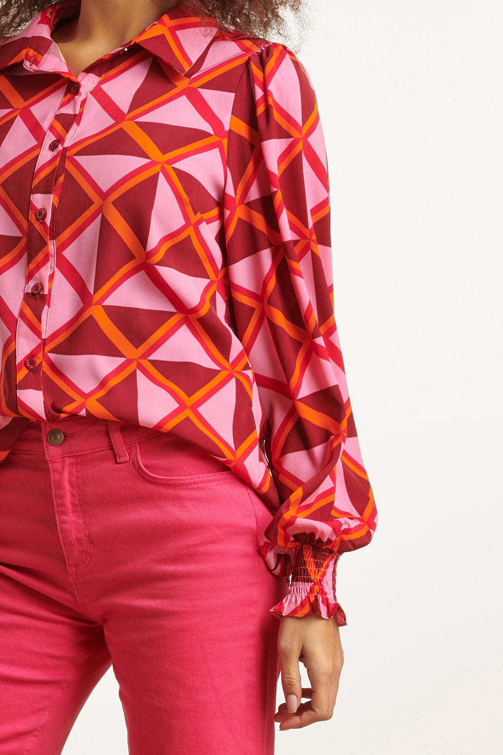 23501 Dames Blouse Met PofmouwenGrafische Print | Pink - Orange