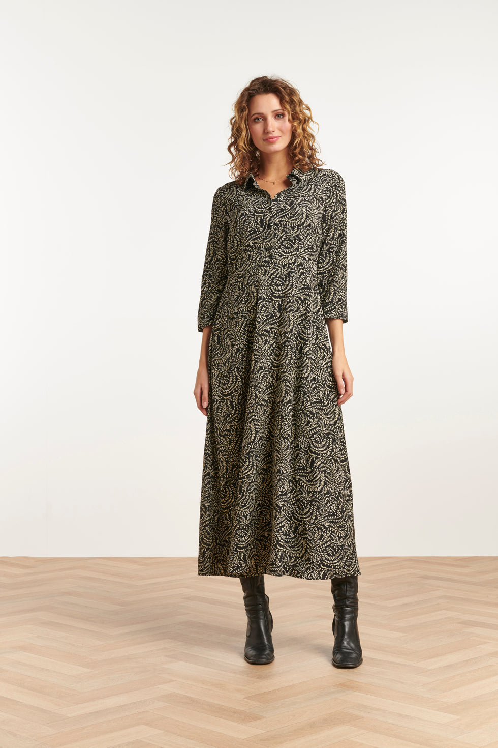 23507 Dames Semi Fitted Maxi Shirt Jurk | Black - Light Army