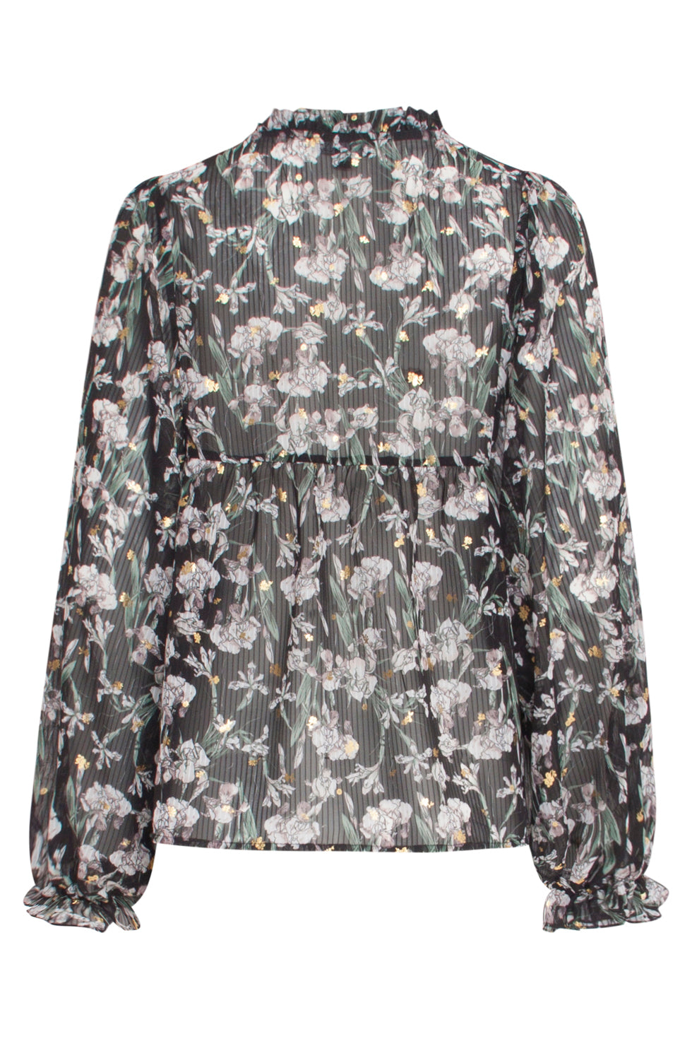 23511 Dames Top Met Gerimpelde HalslijnBloemenprint Van Chiffon | Black - Army