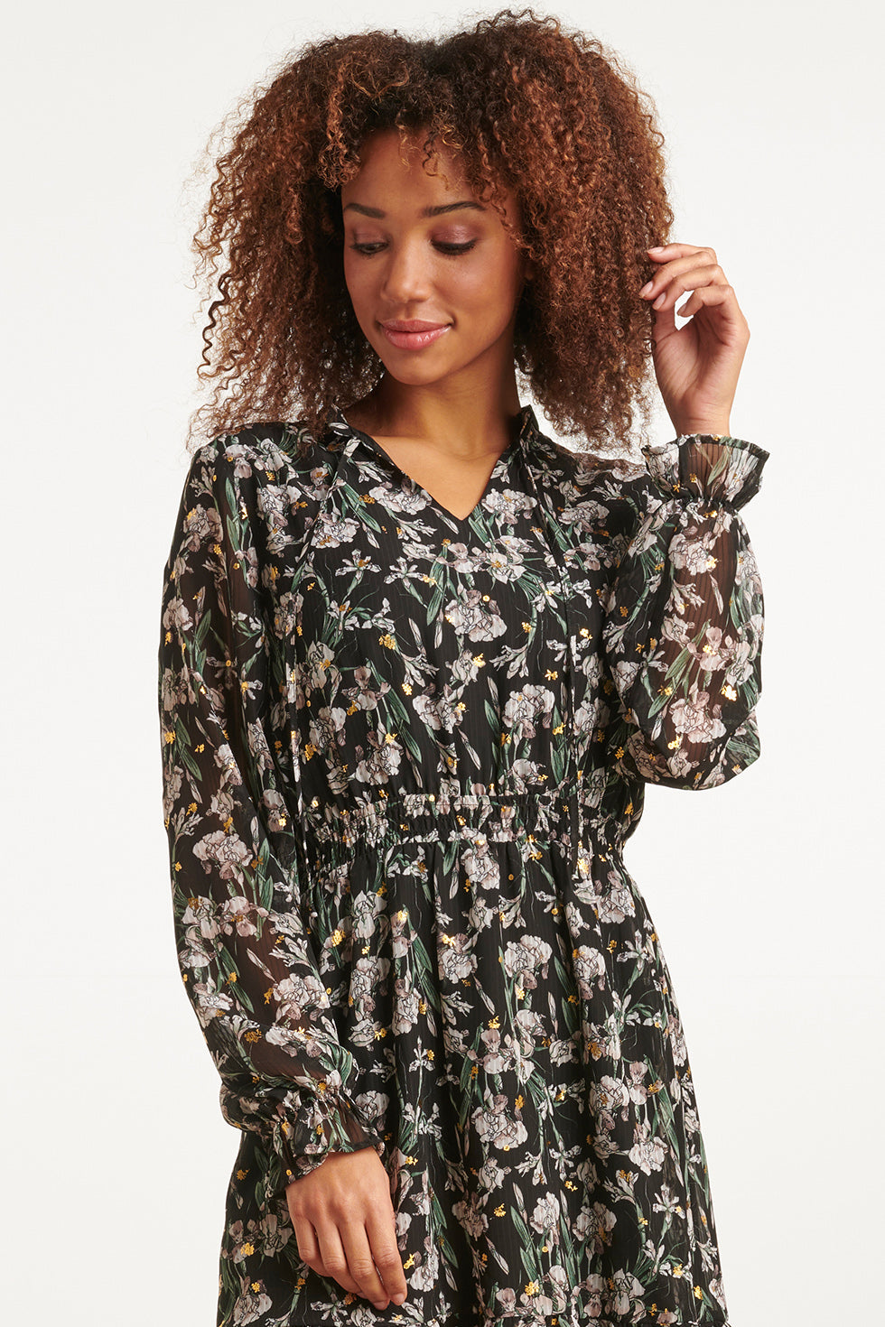 23512 Dames Midi Jurk Met Gerimpelde Halslijn Met Bloemenprint | Black - Army
