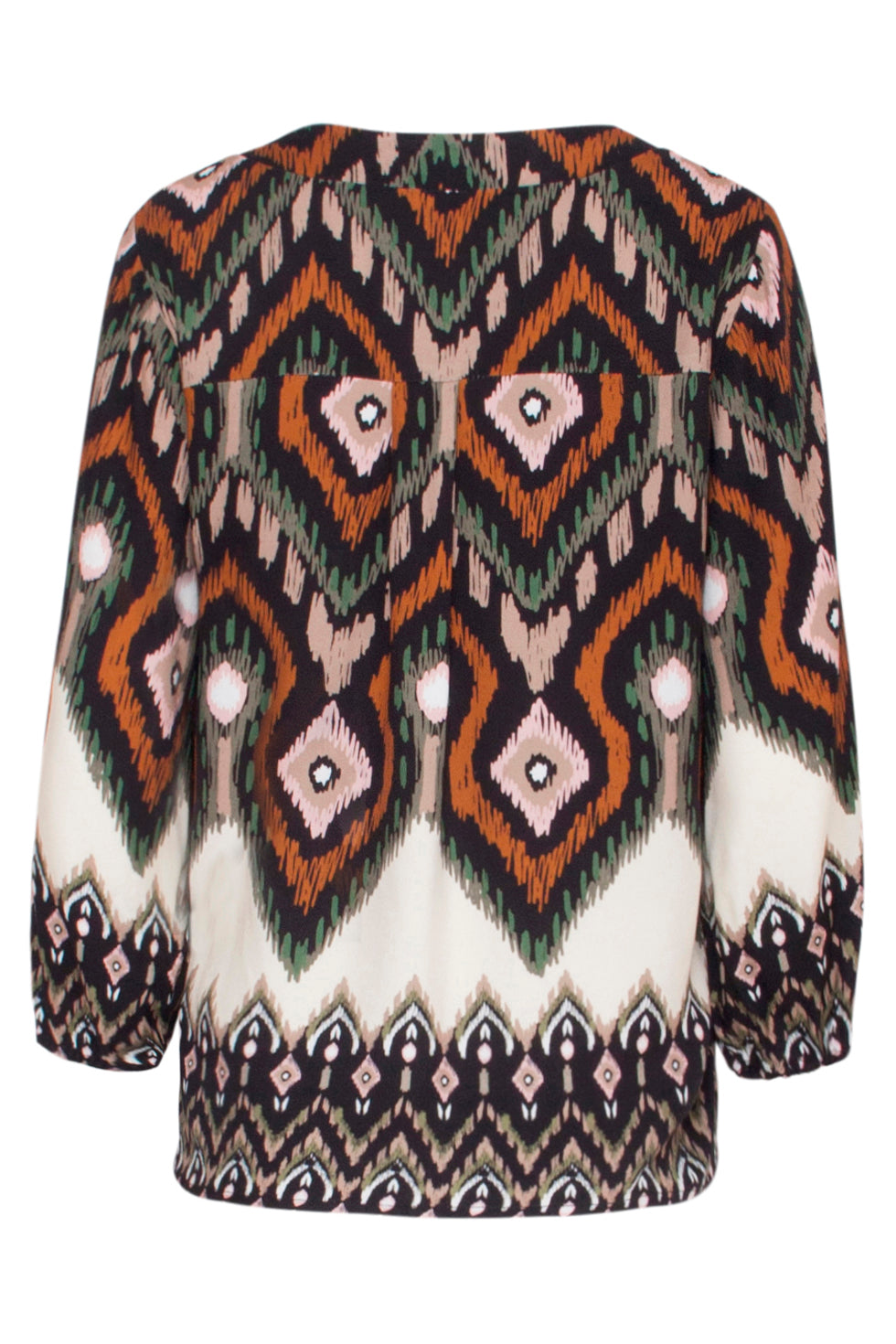 23528 Dames Klassieke V-Hals Top Met Opvallende Tribal Print | Black - Muticolour