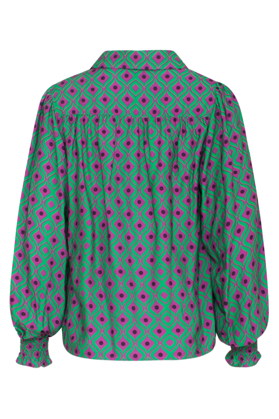 23535 Dames Doorknoopblouse Met PofmouwenAbstract Ornamenteel Print | Purple - Green