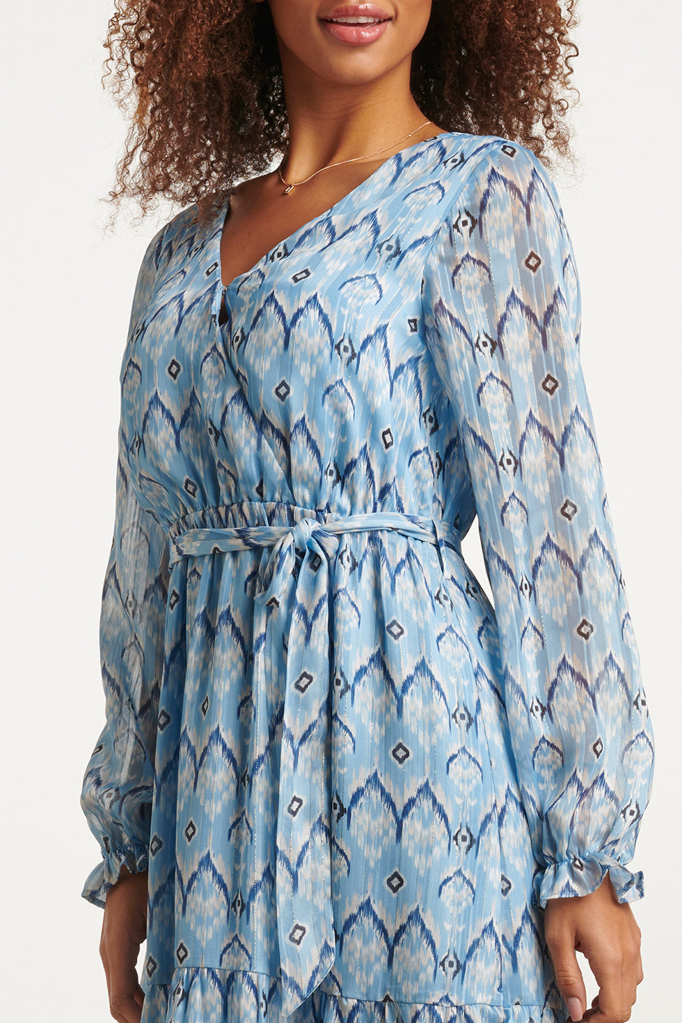 23557 Elegante Maxi Jurk Met Frisse Tribal Print | Light Blue - White