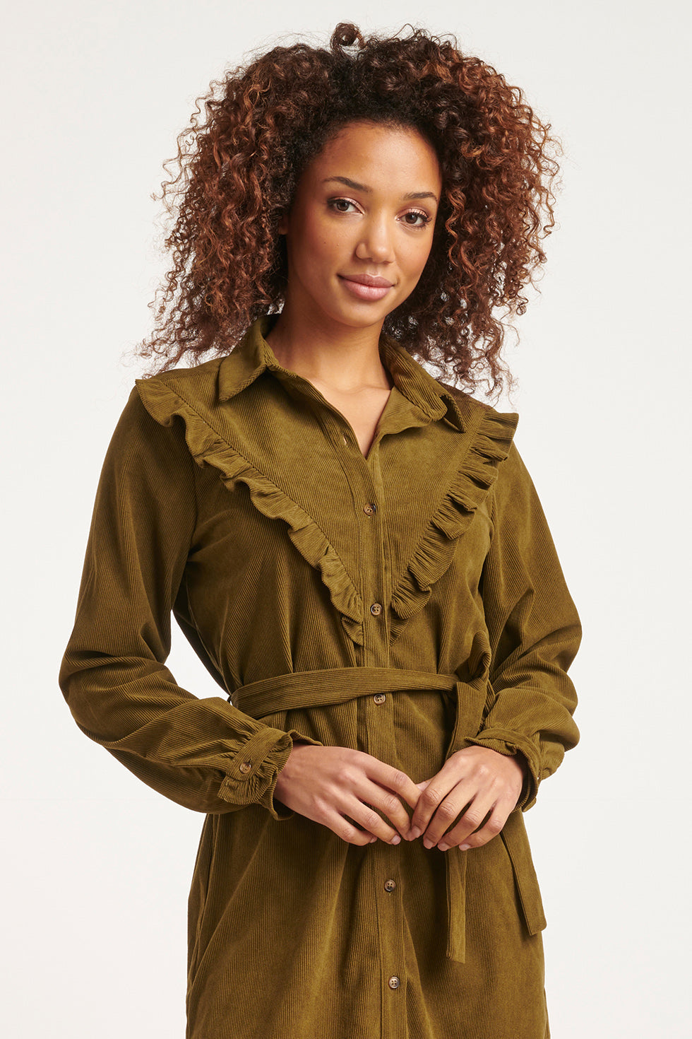 23582 Boho Western Corduroy Button Through Shirt Dress | Army