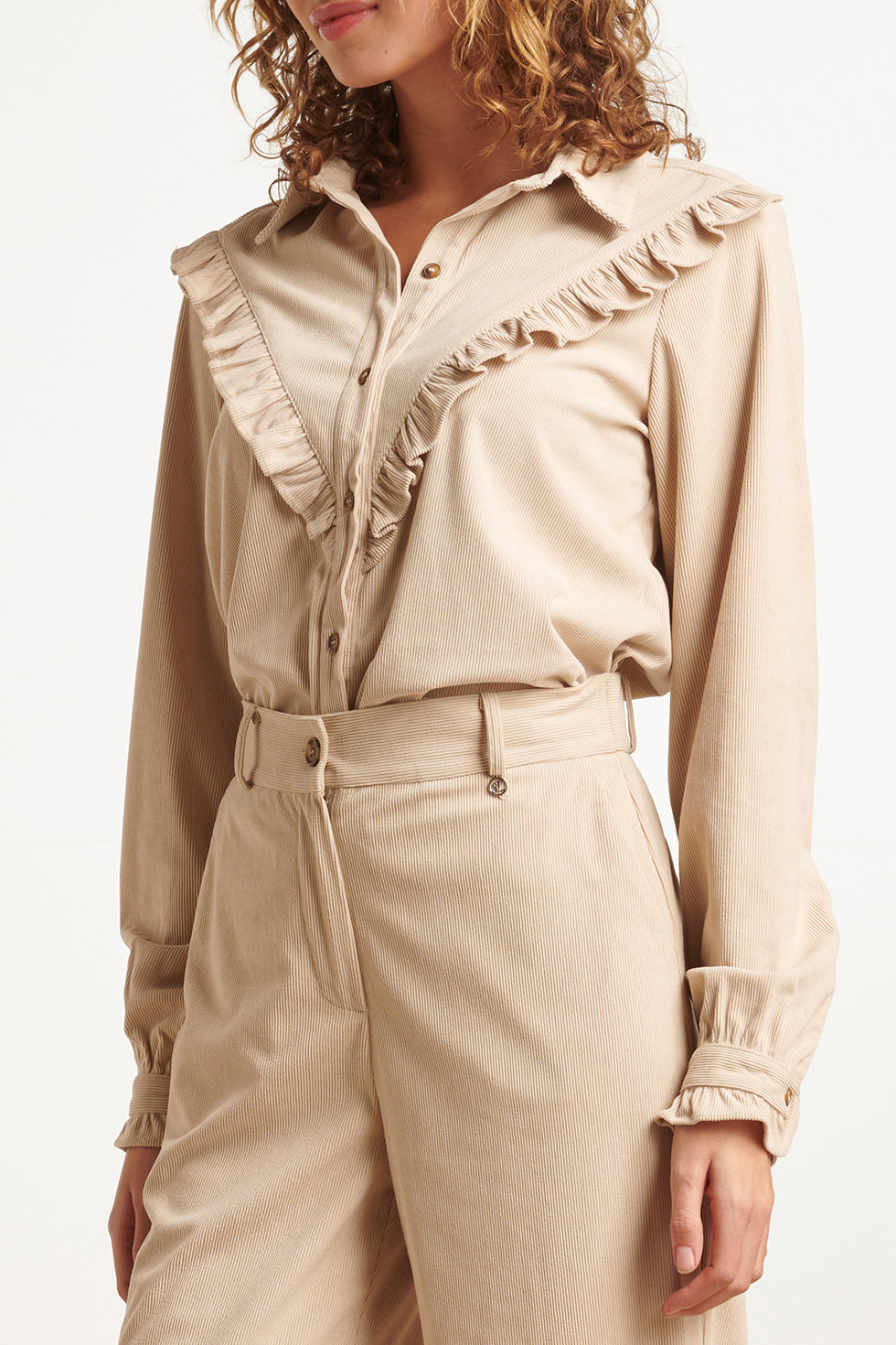 23583 Boho Western Corduroy Blouse Met Ruffle | Off White