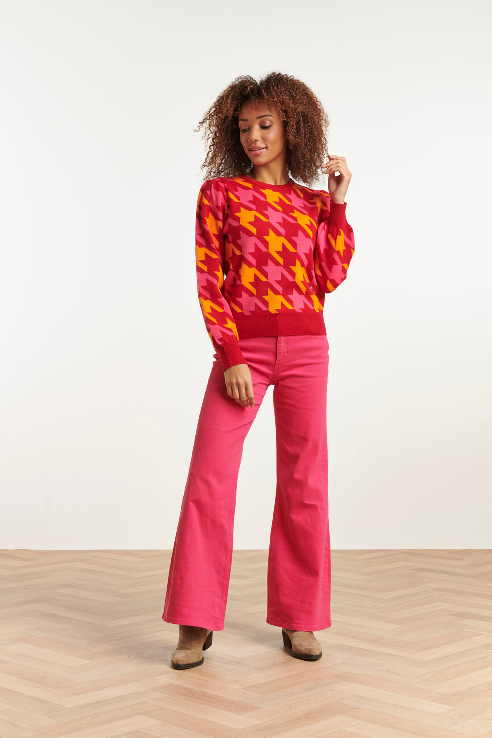 23596 Retro Pied-De-Poule Gebreide TopLevendige en | Fuchsia - Red