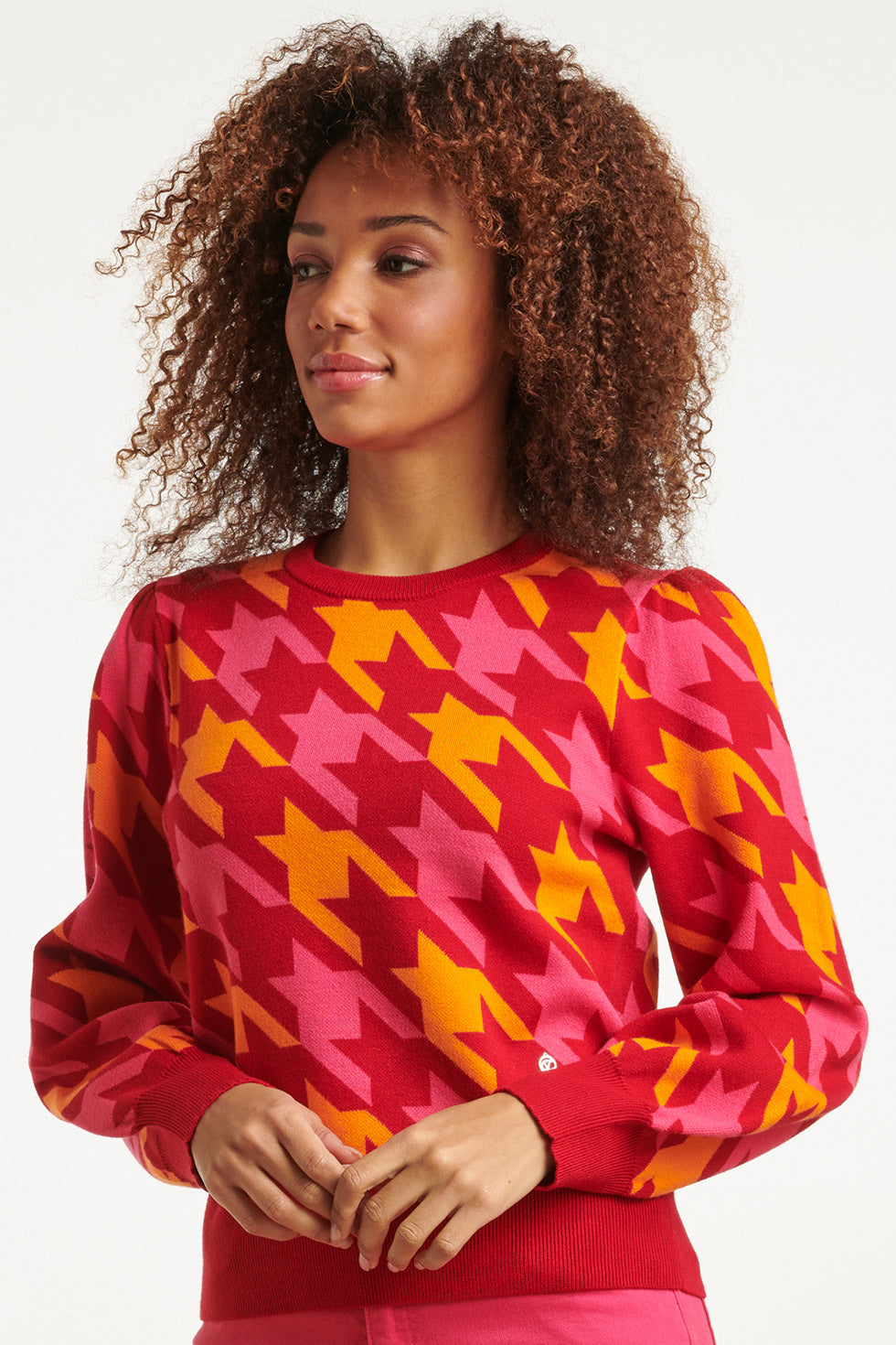 23596 Retro Pied-De-Poule Gebreide TopLevendige en | Fuchsia - Red