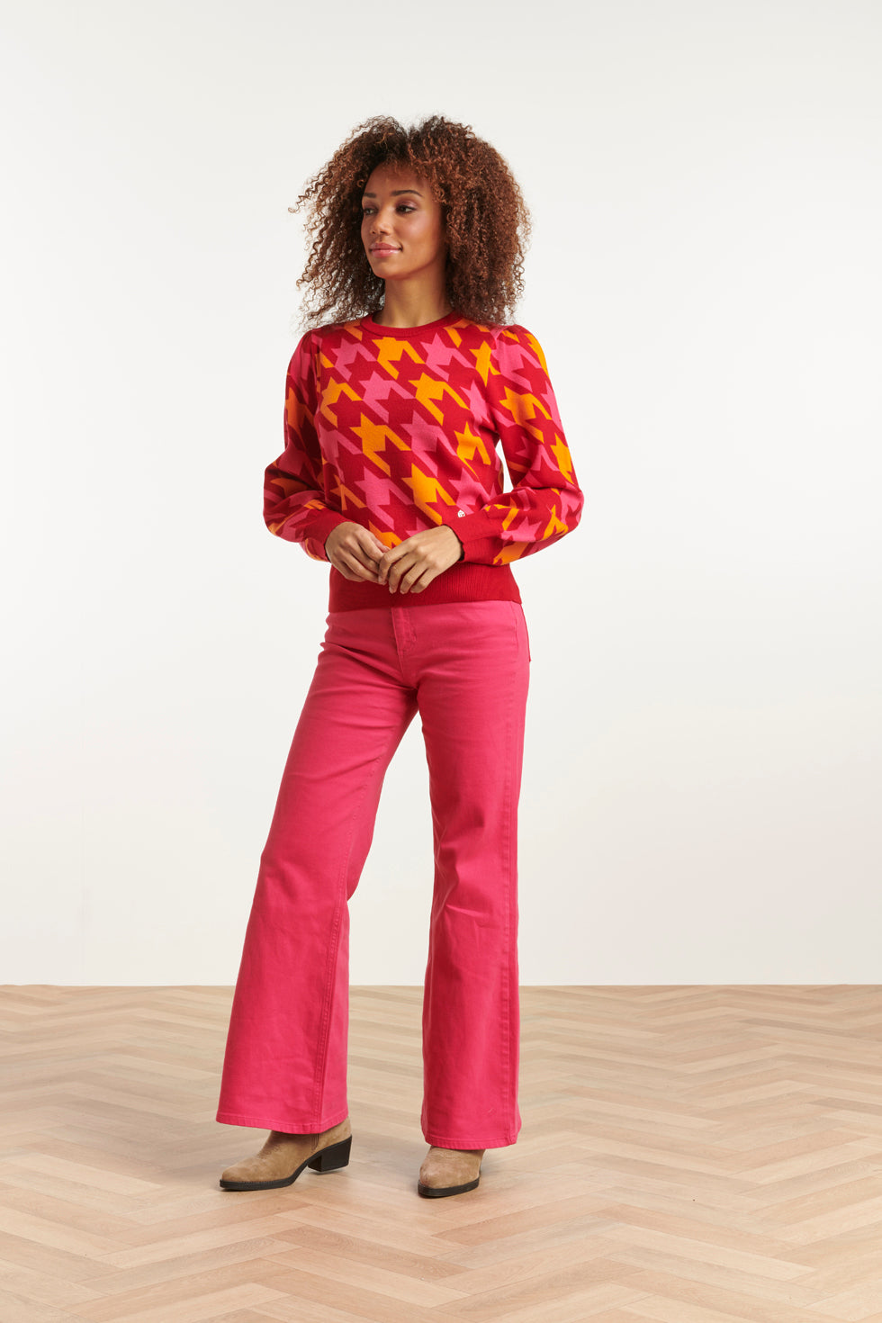 23596 Retro Pied-De-Poule Gebreide TopLevendige en | Fuchsia - Red