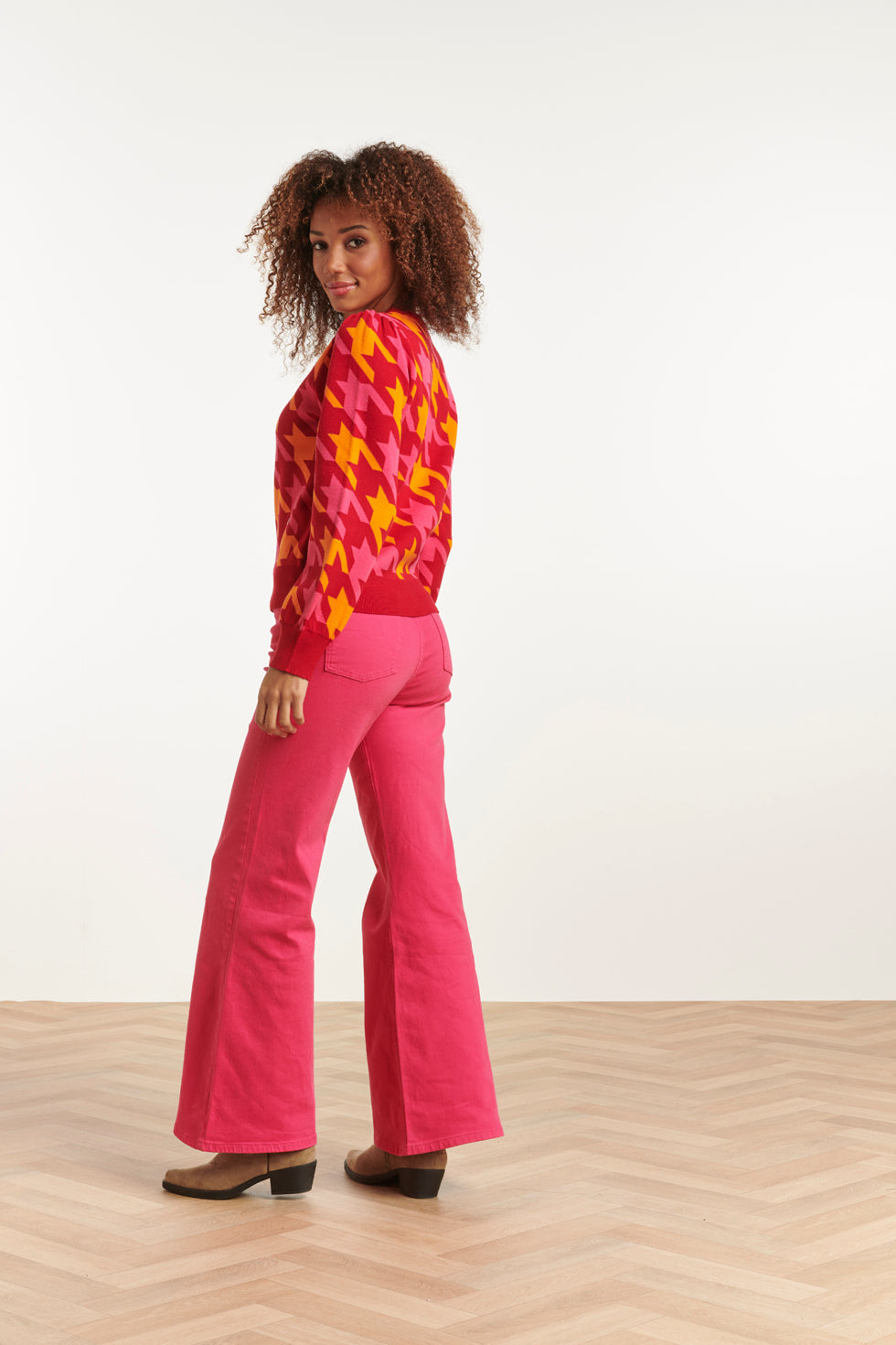 23596 Retro Pied-De-Poule Gebreide TopLevendige en | Fuchsia - Red