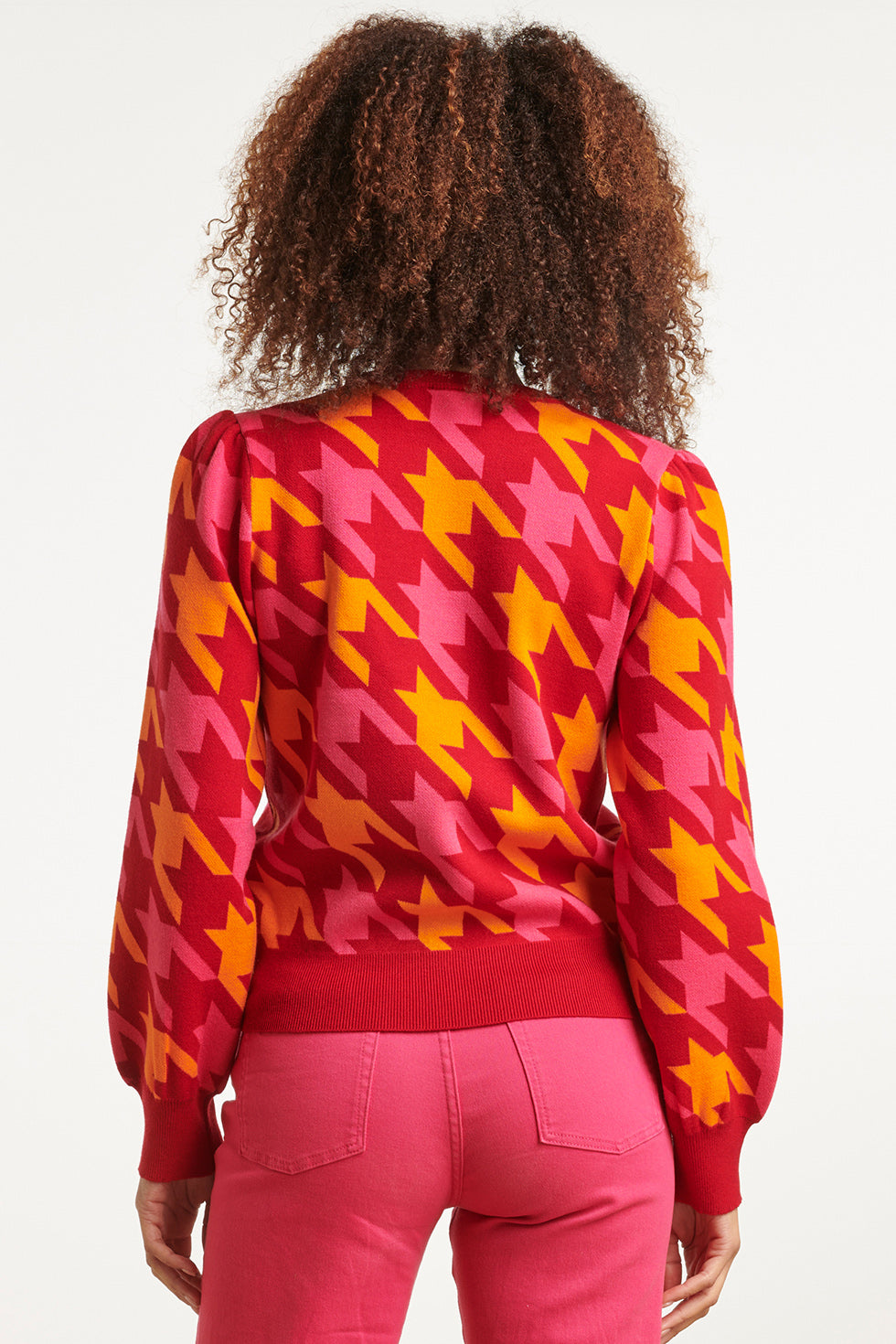 23596 Retro Pied-De-Poule Gebreide TopLevendige en | Fuchsia - Red
