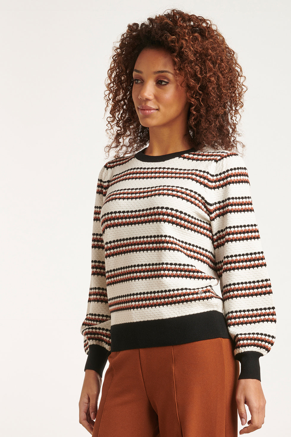 23597 Grafische Gestreepte Gebreide Top | Off White - Muticolour