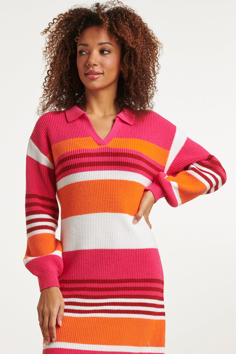 23607 Casual Gestreepte Gebreide Jurk Met Chique KraagZoete en | Fuchsia - Orange