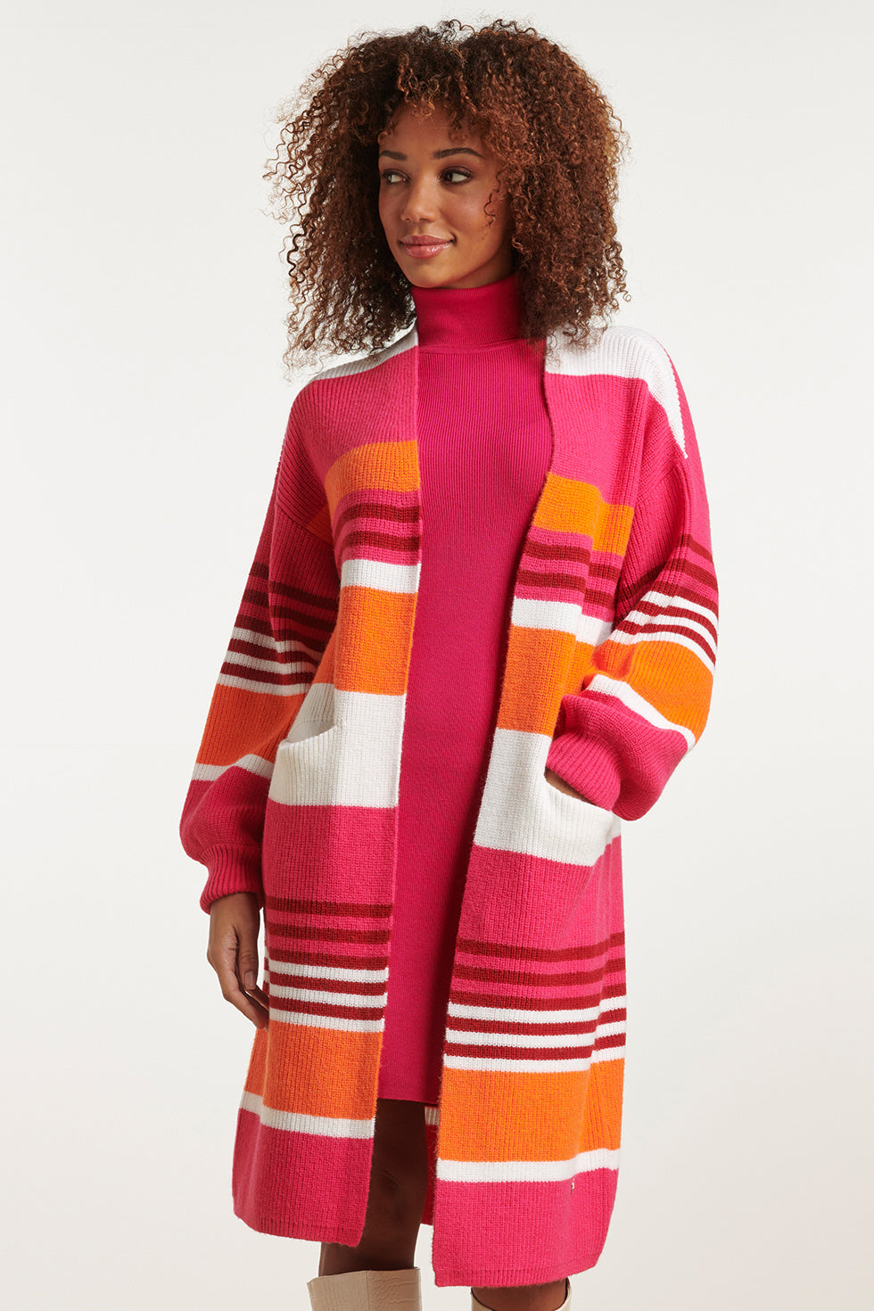23611 Gestreepte Midi Gebreide Cardigan | Fuchsia - Orange