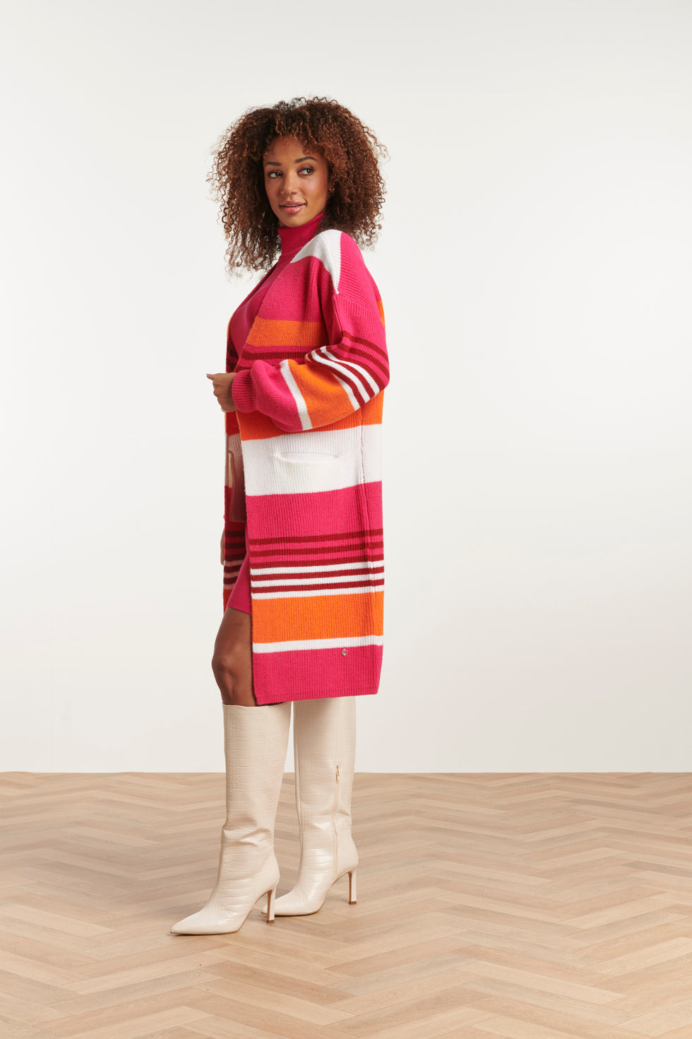 23611 Gestreepte Midi Gebreide Cardigan | Fuchsia - Orange