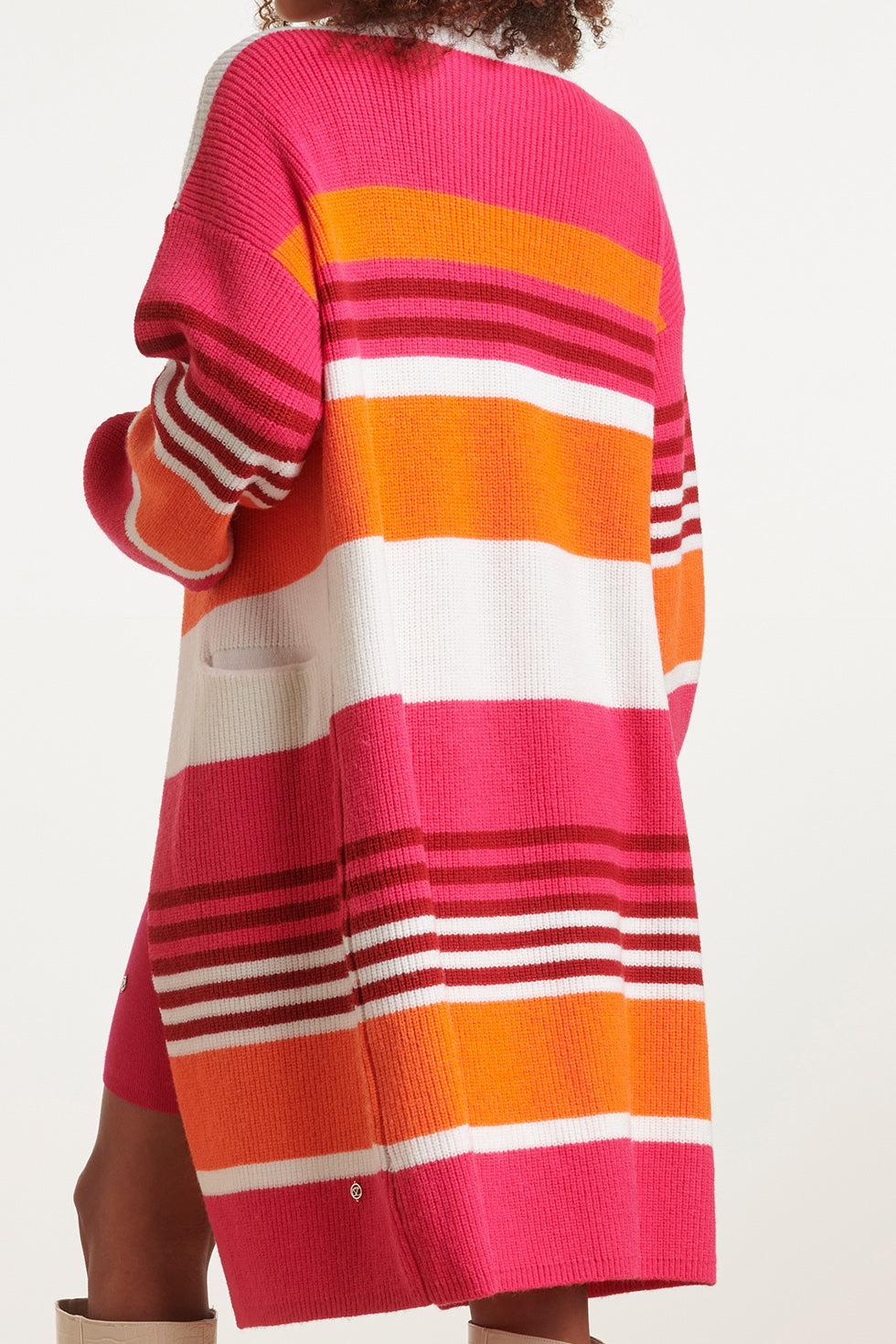 23611 Gestreepte Midi Gebreide Cardigan | Fuchsia - Orange