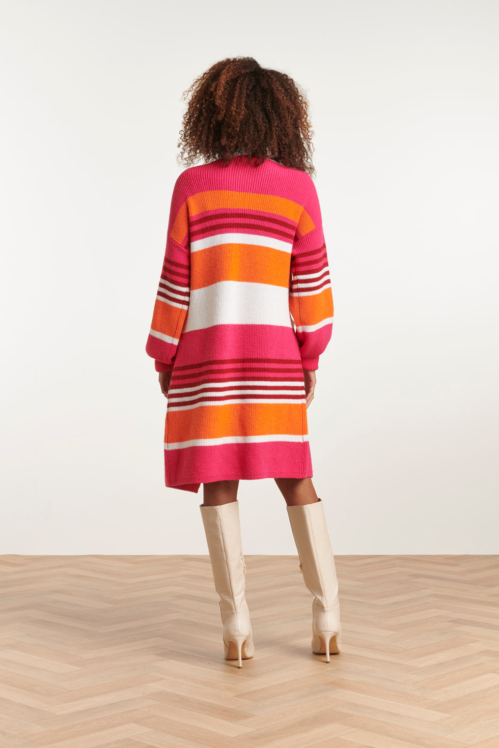 23611 Gestreepte Midi Gebreide Cardigan | Fuchsia - Orange