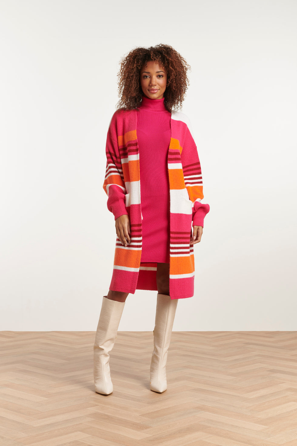 23611 Gestreepte Midi Gebreide Cardigan | Fuchsia - Orange