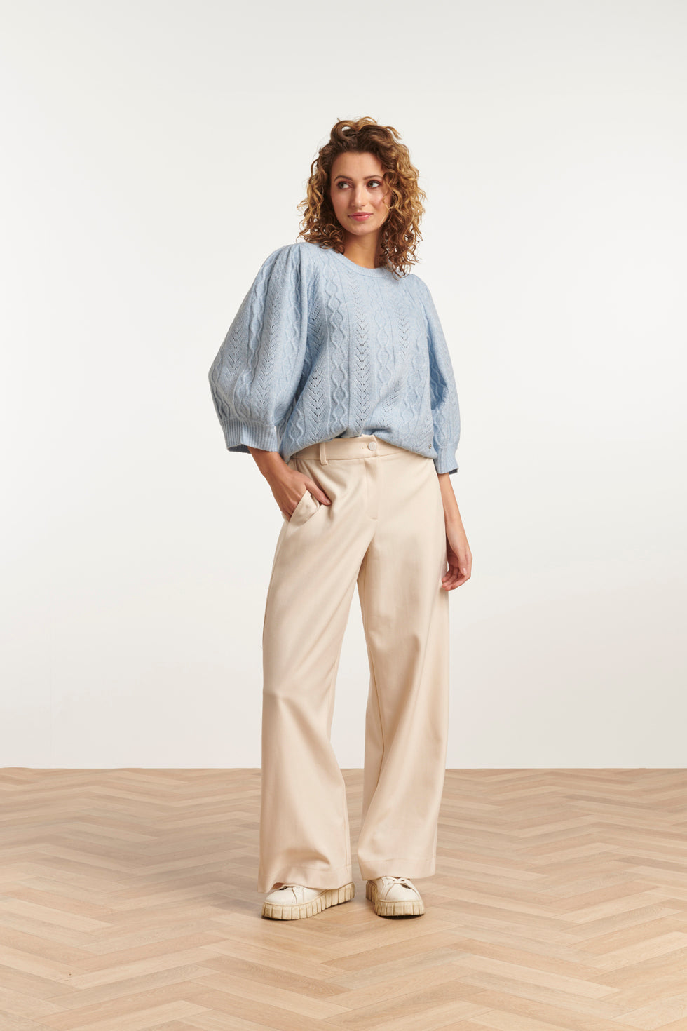 23612 Gestructureerde Gebreide Top Met PofmouwenLicht | Light Blue