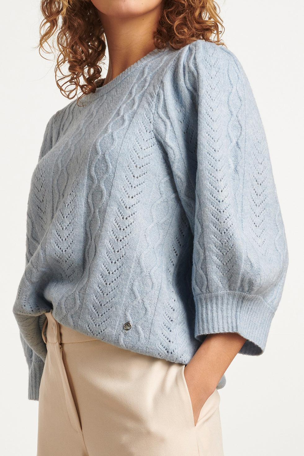 23612 Gestructureerde Gebreide Top Met PofmouwenLicht | Light Blue