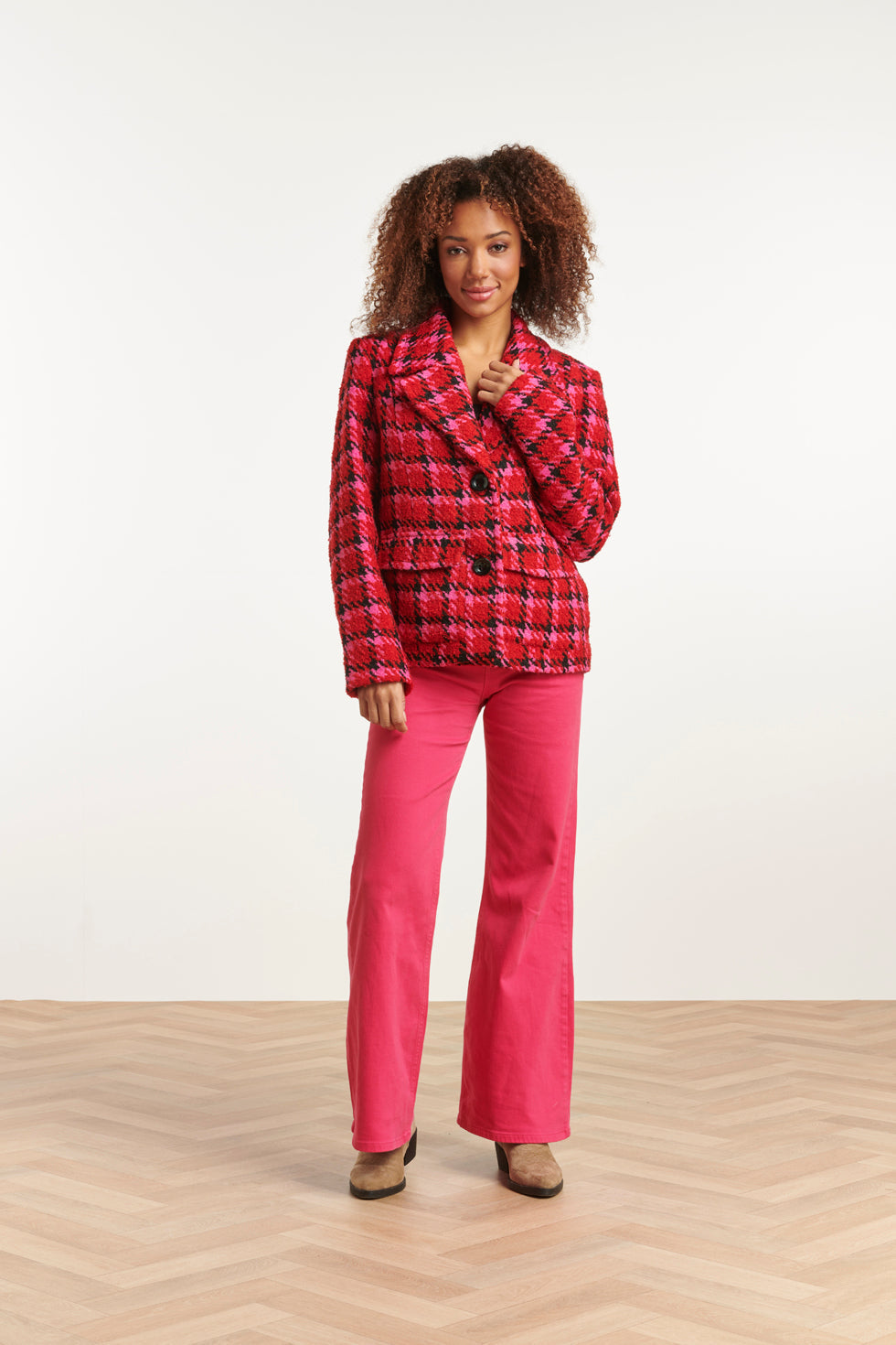 23626 Kort Damesjas Met Pied-De-Poule Print | Red - Muticolour