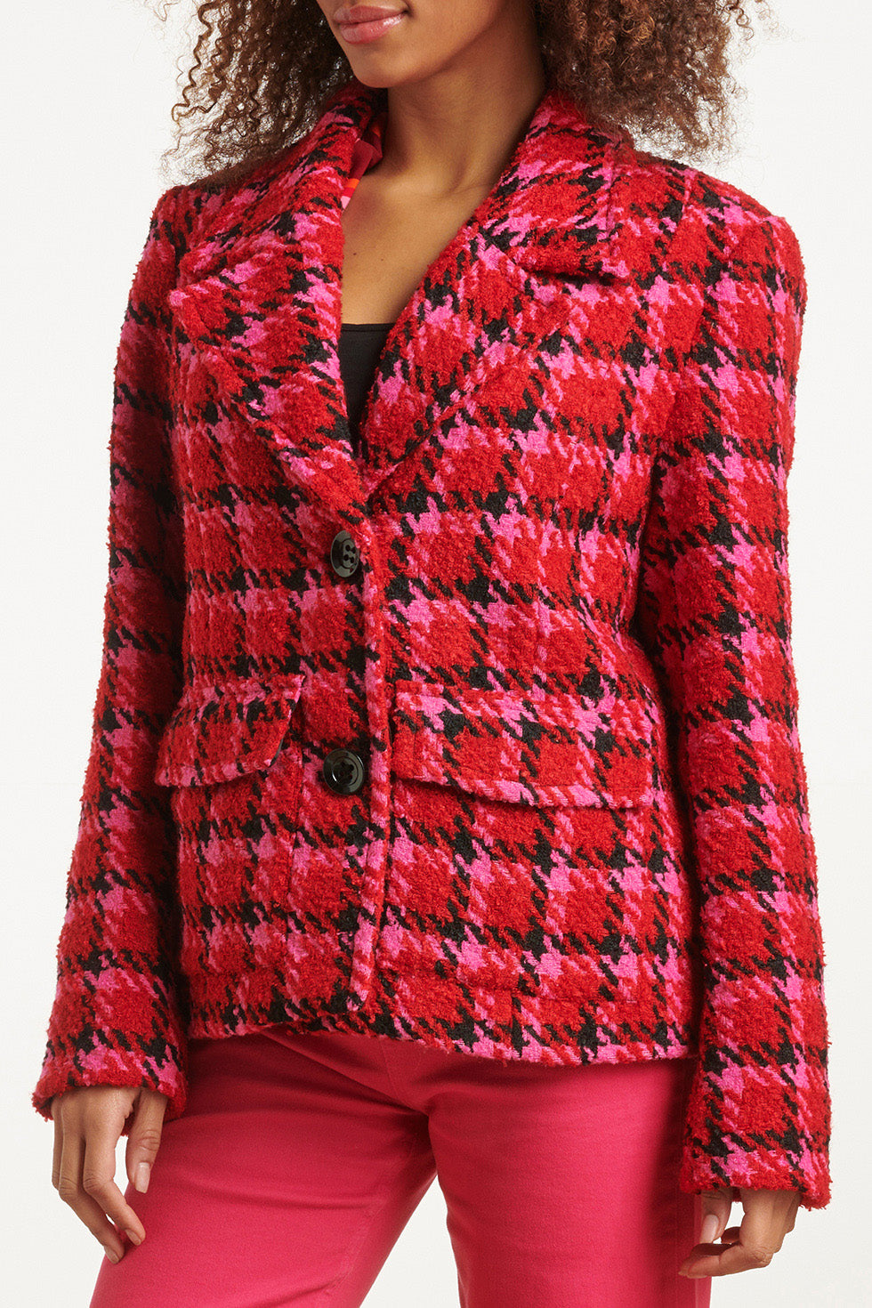 23626 Kort Damesjas Met Pied-De-Poule Print | Red - Muticolour