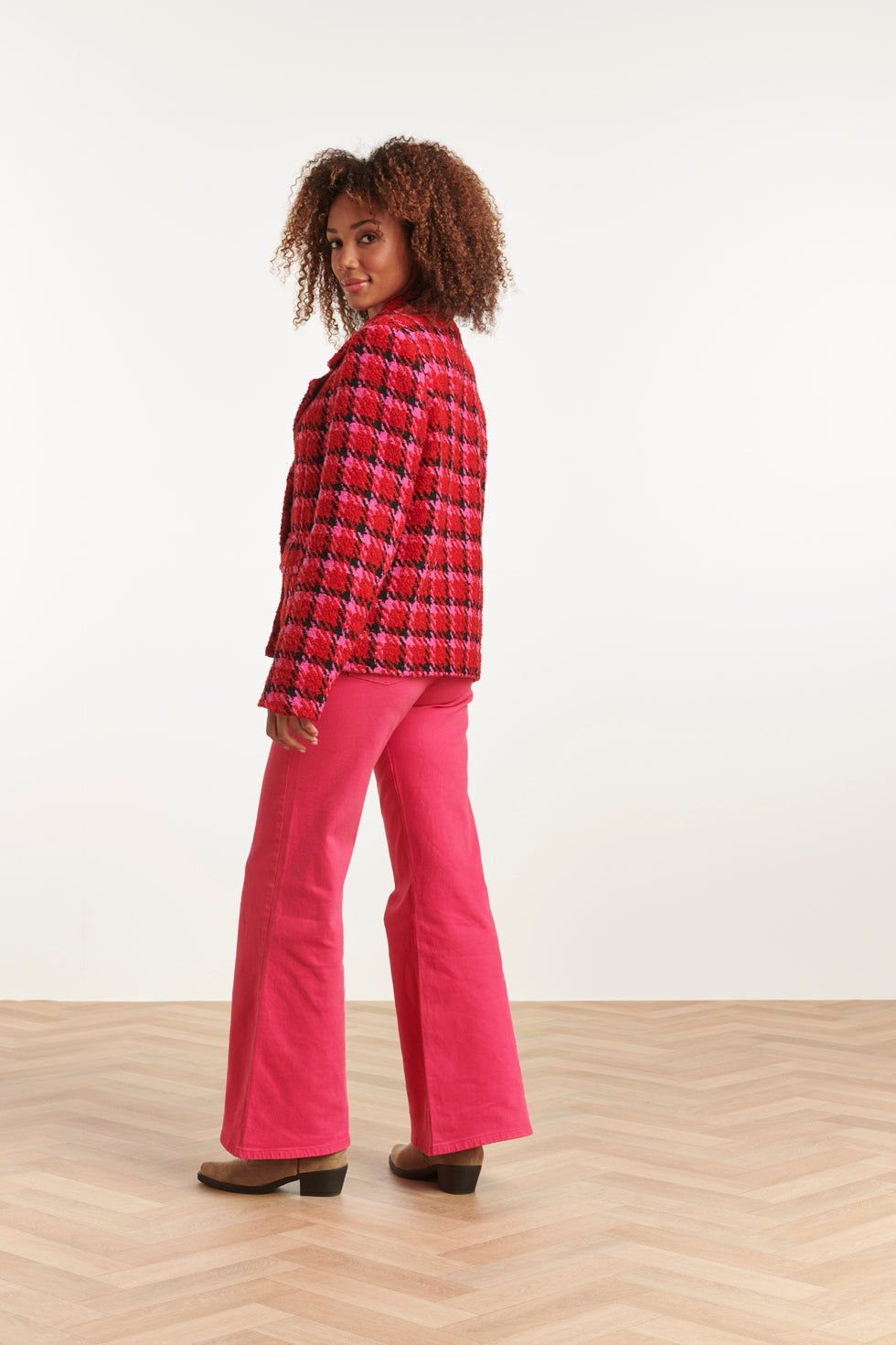 23626 Kort Damesjas Met Pied-De-Poule Print | Red - Muticolour